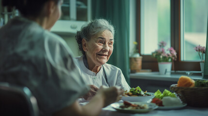 
In a hospital ward, a retired woman is visited by a caring nurse, sharing a light moment during lunchtime as they enjoy a meal together
