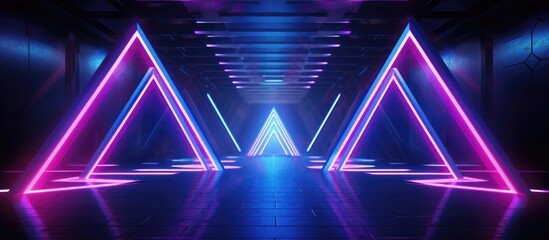 A tunnel constructed with elegant metal pipes, featuring neon lights glowing in vibrant purple and blue gradients. The lights form a triangle shape in the background, creating a modern sci-fi - obrazy, fototapety, plakaty