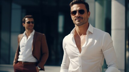 Young handsome man in classic suit wear sunglasses  - obrazy, fototapety, plakaty