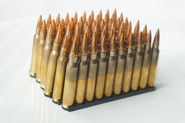 Close-up of ammunition for an assault rifle. Small-caliber ammunition for small arms.
