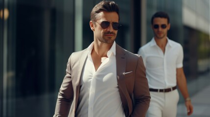 Young handsome man in classic suit wear sunglasses  - obrazy, fototapety, plakaty