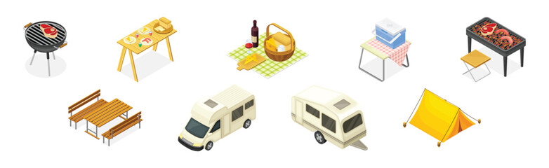 Picnic Camping Element and Object Isometric Vector Set