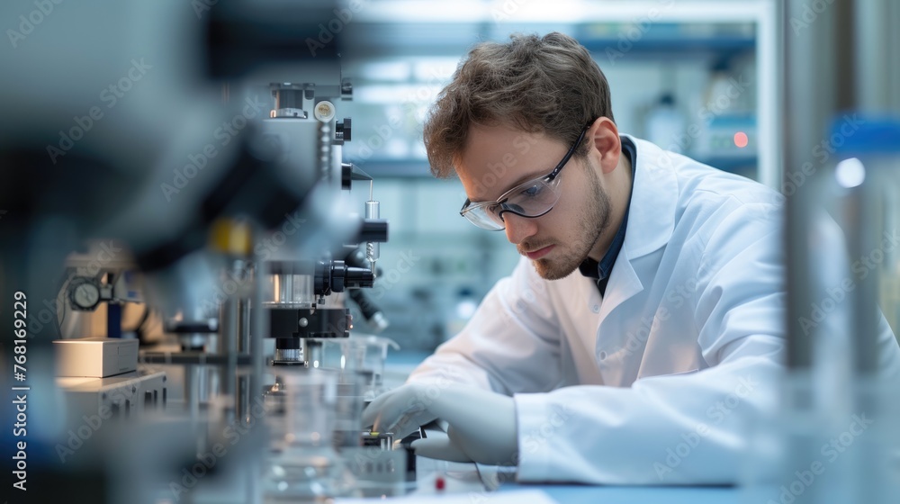 Poster an engineer is conducting experiments in a science lab, wearing a lab coat. aig41