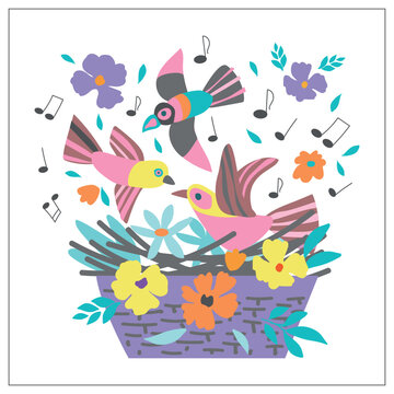 Illustration of a basket, birds and flowers and notes. Spring, summer. Soft pastel colors. Easter. For postcards, magazines, websites