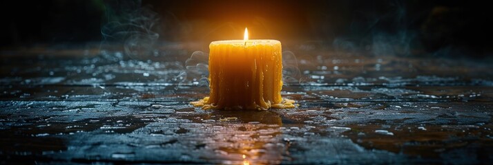 A lit candle placed on damp ground, casting a soft glow on the wet surface - obrazy, fototapety, plakaty