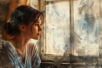 Introspective moment where a mother gazes out of a window, lost in thought