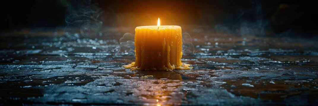 A lit candle placed on damp ground, casting a soft glow on the wet surface