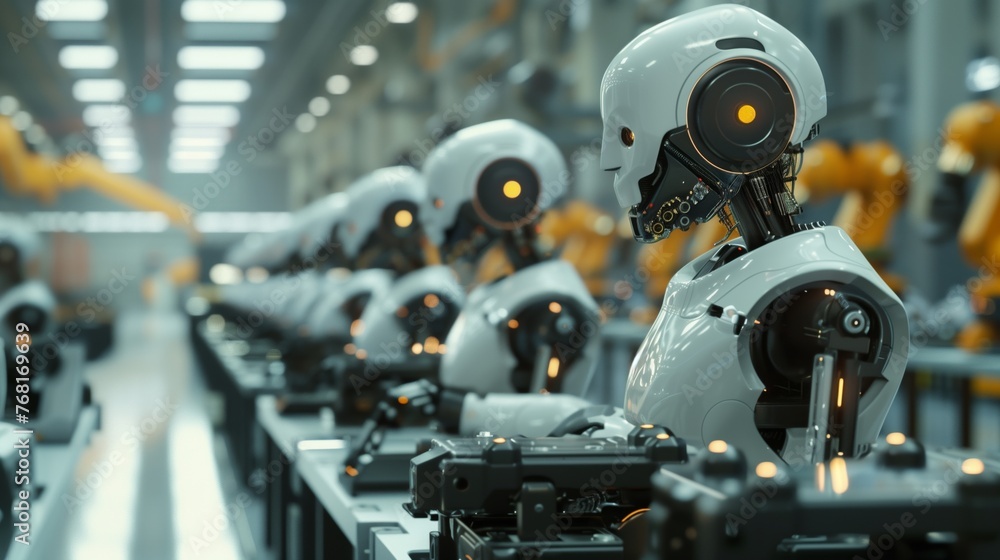 Poster robots aligned in factory