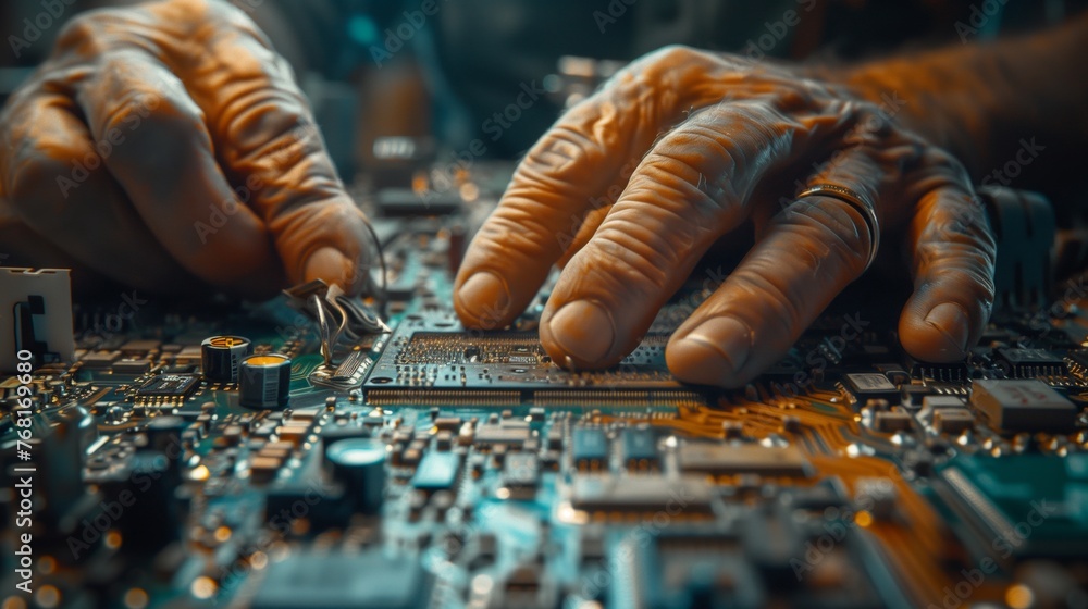 Poster engineers assembling circuit board