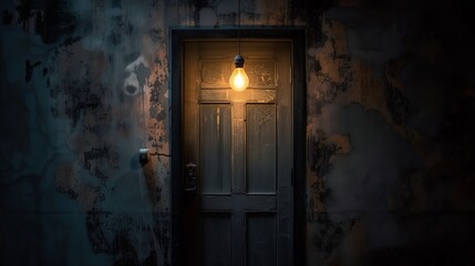 Fototapeta na wymiar Creepy dark room with cracked open door, light bulb above it