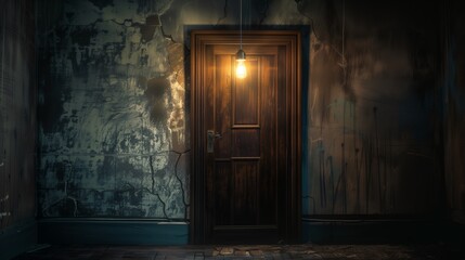 Creepy dark room with cracked open door, light bulb above it