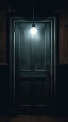 Creepy dark room with cracked open door, light bulb above it