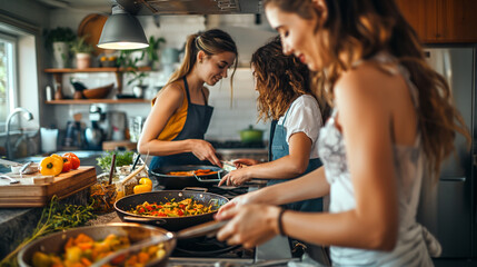 
In a stylish and contemporary kitchen, a young woman and her friends gather to prepare a delicious meal together, the sound of sizzling pans and chopping echoing throughout the space