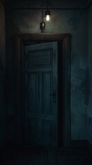 Creepy dark room with cracked open door, light bulb above it