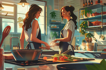 Friends gather to prepare a delicious meal together, the sound of sizzling pans and chopping echoing throughout the space as they bond over shared culinary experiences.