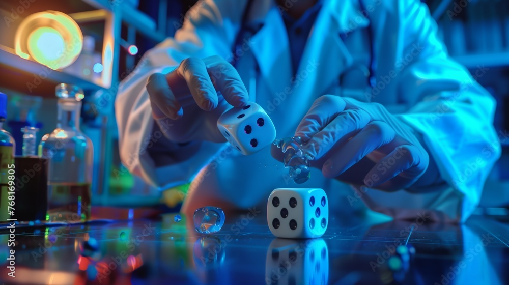 Poster scientist in lab coat playing with dice