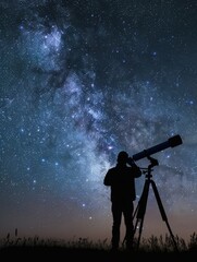 Silhouette of an amateur astronomer using a telescope to explore the starry night sky. Concept of...