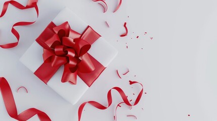 Top view of white gift box with red and white ribbon.White background gift box. birthday gifts, Christmas gifts, . Decorative background