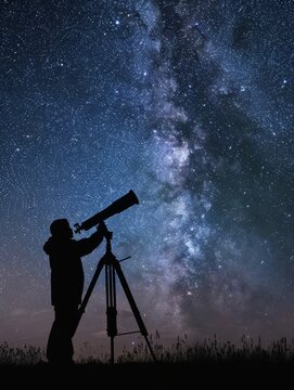 Silhouette of an astronomer using a telescope to explore the starry night sky, capturing the wonder of the cosmos.