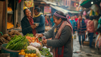 Within the heart of a bustling local market, a woman wearing a bright smile engages in a lively conversation with a spirited elderly vendor. - obrazy, fototapety, plakaty