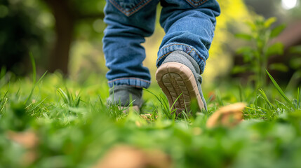 Niño paseando descalzo por la Hierba Fresca - obrazy, fototapety, plakaty