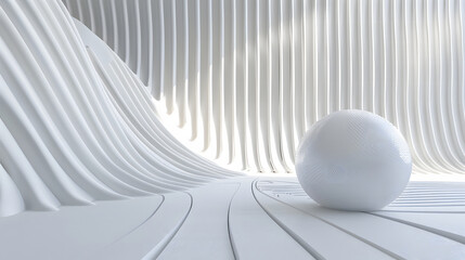 3D illustration of a surreal white egg-shaped object in a modern clean and abstract wavy white environment Conceptual design, simplicity, and future