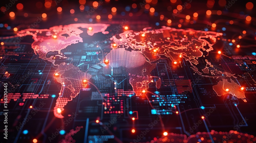 Poster vector illustration depicting global network security, represented by a world map, emphasizing the i