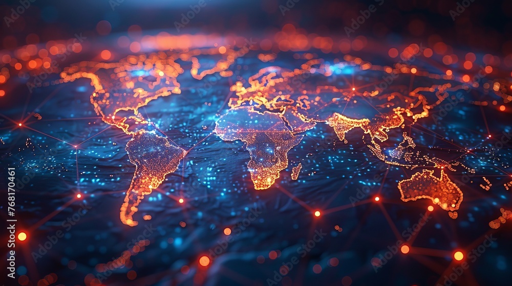 Poster vector illustration depicting global network security, represented by a world map, emphasizing the i
