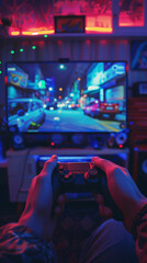 Close-up of hands holding a controller with a blurred game on screen in a neon-lit room, portraying a focused gaming atmosphere.