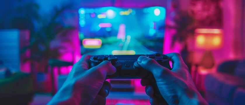 Close-up of a gamer's hands holding a video game controller immersed in vivid neon lighting, conveying a sense of action and entertainment.