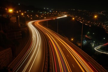 Fototapeta na wymiar Shifting car headlights leave luminous trails on the long highway