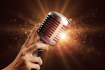 Professional classic steel microphone in bright stage lights