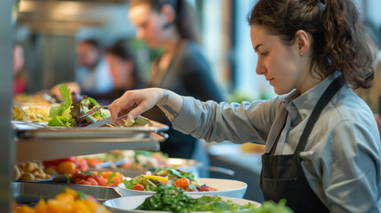 Employees gather around a sleek kitchen area, engaging in a lively cooking class led by the...