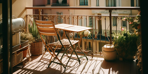 Cozy city apartment terrace with patio furniture and potted plants.