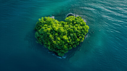 Heart shaped tropical island on shallow ocean, crystal clear water, island is full of palm trees and wild plants, aerial view landscape