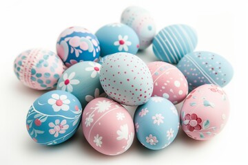 Obraz premium Set of pastel blue, pink Easter eggs with decorative floral, dots and lines patterns