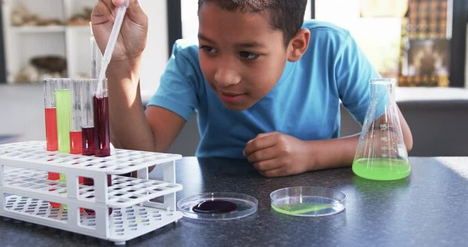 In a school setting, in a classroom, a young African American student examines chemistry signs