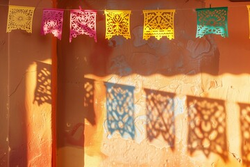 Vibrant papel picado banners dance in the wind, casting colorful shadows on sun-baked adobe walls