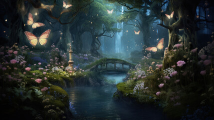 Fototapeta na wymiar Fantasy fairytale forest with roses and butterflys background, magical forest wallaper