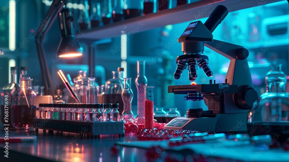 Poster busy lab with bottles and microscope