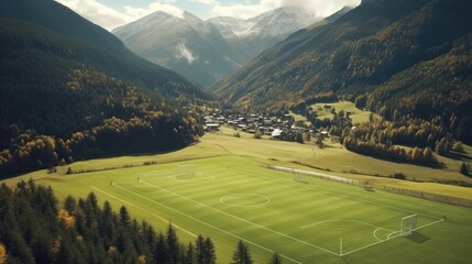 Drone view of a mountain landscape with a football field. Football field among Tirol fields and alpine mountains