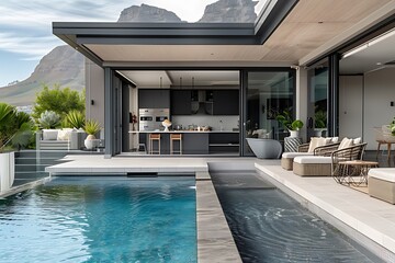 Obraz premium A contemporary poolside area with an outdoor kitchen, featuring glass walls and doors leading to the house interior, creating seamless indoor-outdoor living in Cape Town's beachfront setting.