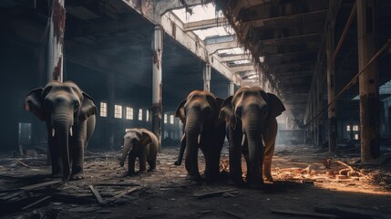 Fototapeta premium Elephants in Abandoned Buildings. Elephants in a dark.
