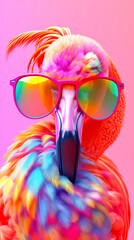 Stylish Flamingo with Trendy Sunglasses. Style, nature, and uniqueness concept - obrazy, fototapety, plakaty