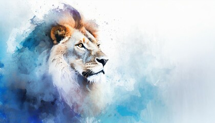 Illustration of a lion on blue and white gradient background with space for text.
 - obrazy, fototapety, plakaty
