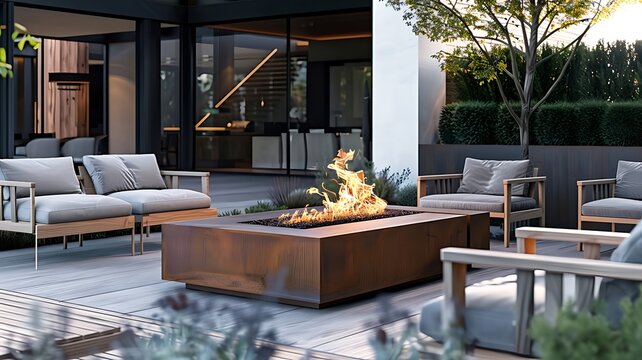 Luxury outdoor seating lounge area with industrial rectangular firepit in white colored concrete. Modern cozy patio area with garden furniture in beautiful daytime.