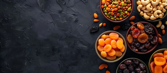 A top view of an fruits assortment of dried fruits including dates, prunes, apricots, raisins, and a variety of nuts, placed in separate bowls, presenting a selection of Ramadan & special event foods - obrazy, fototapety, plakaty