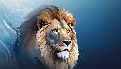 Illustration of a lion on blue background with space for text.
