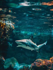 An awe-inspiring image capturing the serene motion of a shark swimming through the vibrant underwater landscape. Ideal for marine life and nature themes.