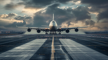 A massive jetliner hurtles down the runway of a bustling airport, its engines roaring with power,...